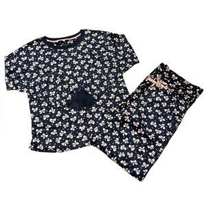 Kate Spade Pajama Set Navy Blue Light Pink Bows Medium 2 Piece NEW Comfy Cute